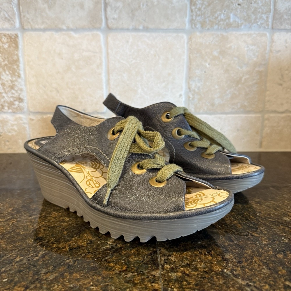 FLY LONDON Ylfa Wedge Sandal Lace Up Leather 41 10 10.5 Women p500209003 OpenToe